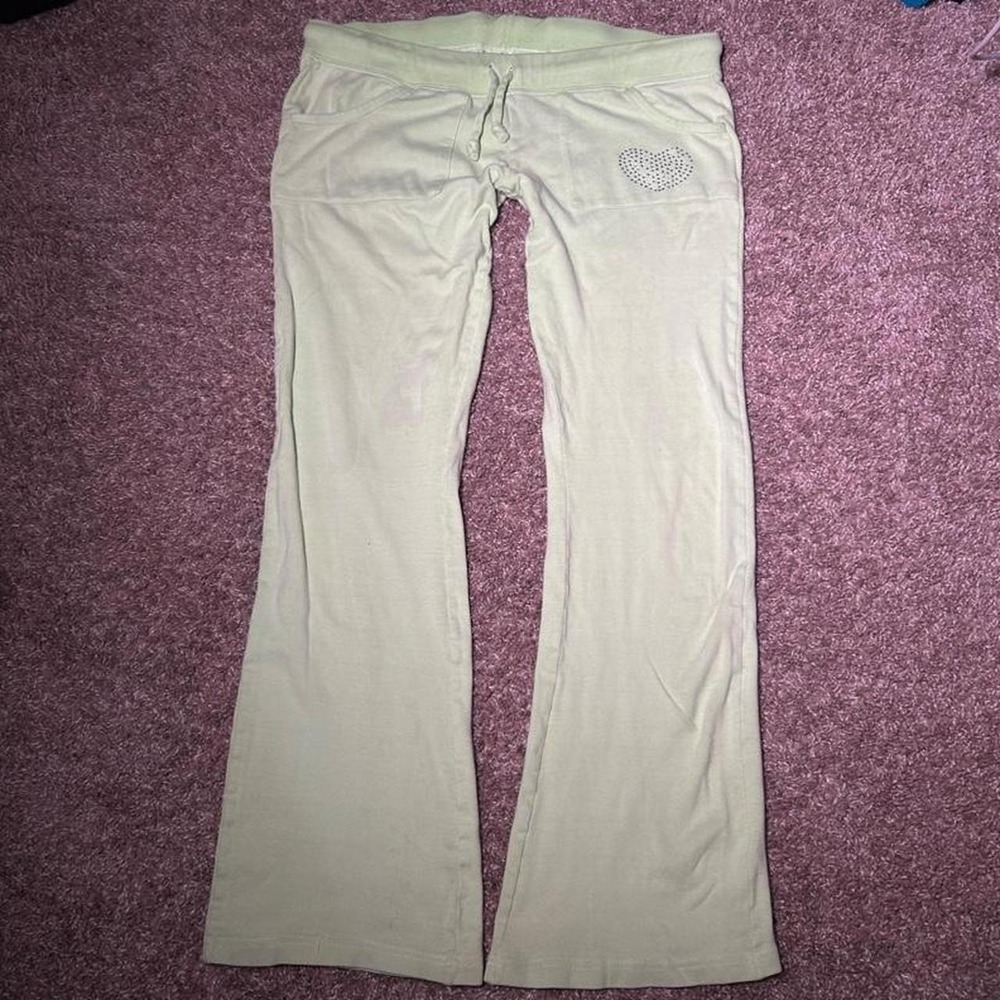 Starter Lime Green Ultra Low Rise Flare Pants Rhinestone Heart Y2K Medium